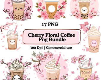 Cherry Floral Coffee Clipart Bundle PNG, Spring Cafe Clipart Floral Cup Sublimation Design, Watercolor Vintage Flower Iced Coffee Lovers PNG