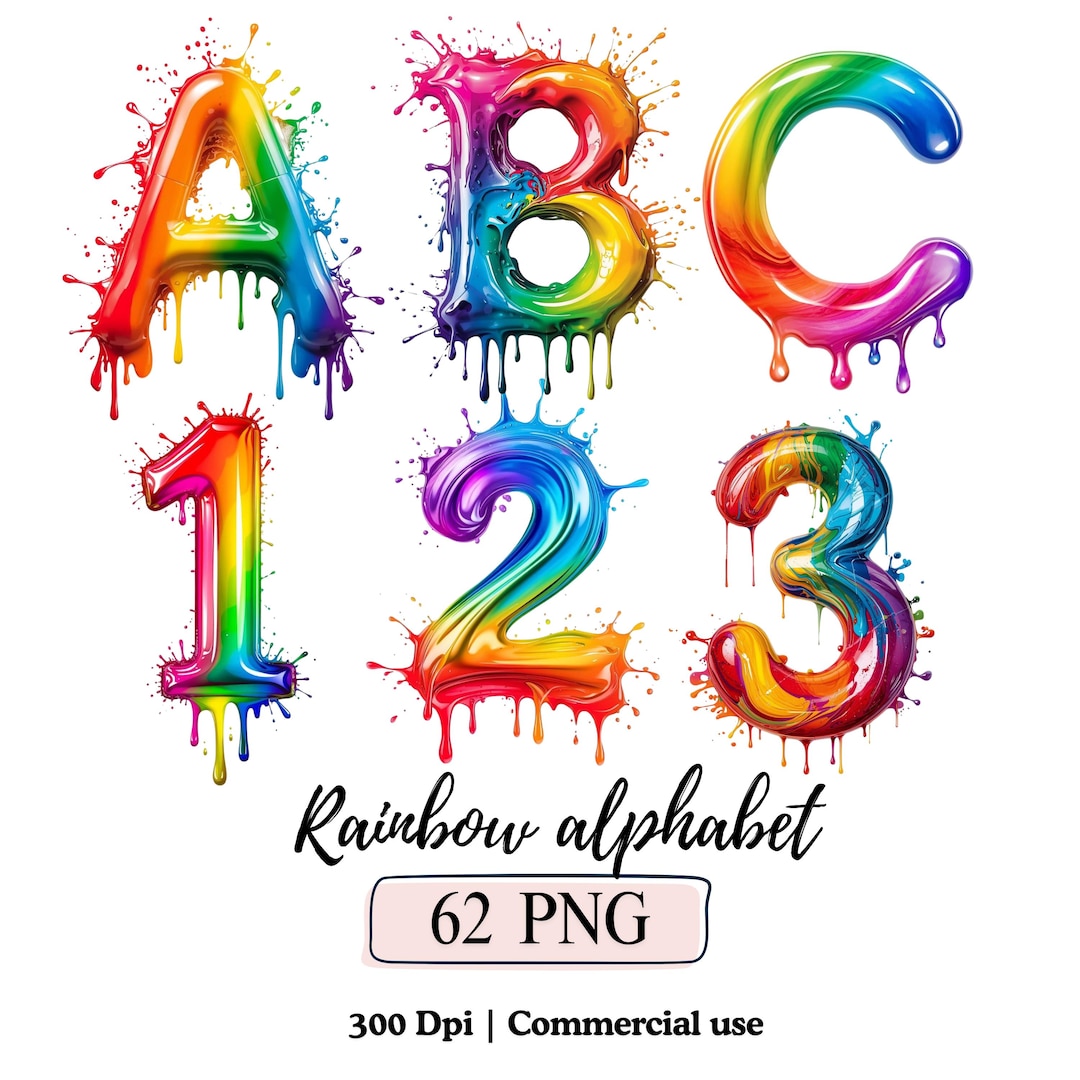 Rainbow Alphabet and Numbers Png Bundle Rainbow Paint Splash Birthday ...