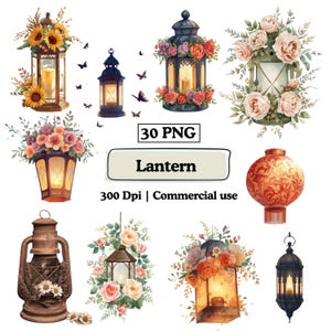 Puede incluir: Una colección de faroles de acuarela en varios estilos, adornados con flores y mariposas. Los faroles son en tonos marrón, negro y dorado, algunos con velas encendidas. La imagen incluye el texto "30 PNG", "Lantern" y "300 Dpi | Commercial use".