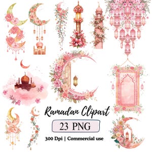 Puede incluir: Clipart de Ramadán en acuarela con ilustraciones de lunas crecientes, linternas y mezquitas en tonos rosa, melocotón y dorado. La imagen incluye el texto "Ramadan Clipart" y "23 PNG".