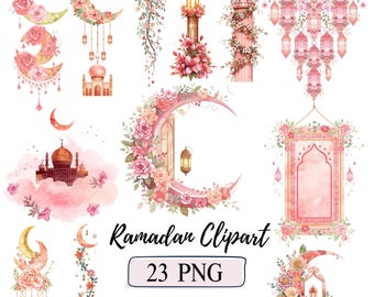 Conjunto de imágenes prediseñadas de Ramadán, PNG islámico, flores colgantes, gráficos de media luna de Ramadán, ilustraciones florales rosas de mezquita, luna de Eid, decoración de linternas PNG