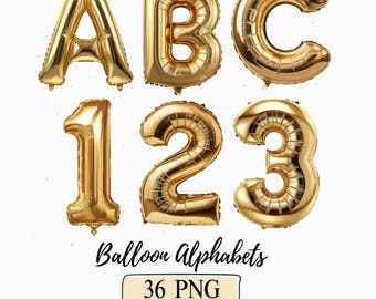 Gold Foil Balloon Alphabets Clipart Luxury Party ABC Letters Png Birthday Party Balloon Letters and Numbers Decor Glitter Shiny Font Designs