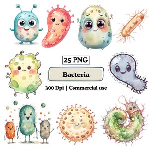 Può includere: Illustrazioni ad acquerello di batteri dei cartoni animati in varie forme e colori. L'immagine include il testo "25 PNG Bacteria 300 Dpi | Commercial use."