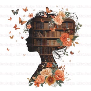 Könnte beinhalten: Silhouette eines Profils, gefüllt mit einem Bücherregal-Design, verziert mit orangefarbenen und pfirsichfarbenen Blumen und Schmetterlingen. Das Bild hat einen weißen Hintergrund und ein dekoratives Thema.