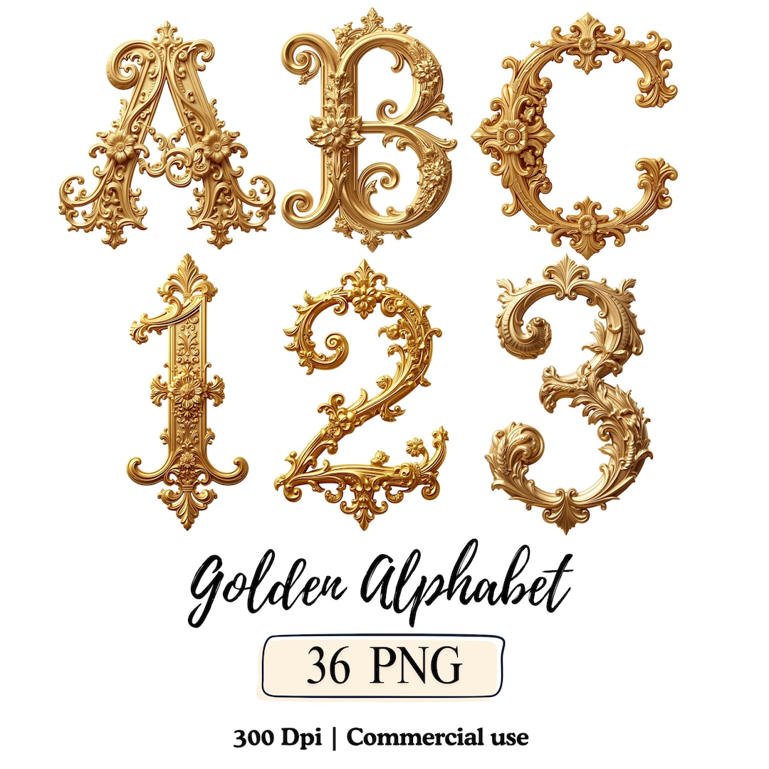 Gold Alphabets Png Vintage Ornate Letters Clipart Gold Floral Baroque ...