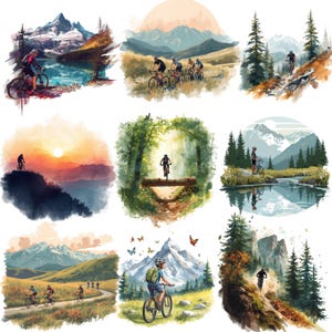 Puede incluir: Nueve ilustraciones en acuarela de escenas de ciclismo de monta&ntilde;a. Cada imagen presenta ciclistas recorriendo diversos paisajes, incluyendo monta&ntilde;as, bosques y cerca de lagos. La paleta de colores incluye azules, verdes y naranjas, con un enfoque en la aventura al aire libre.