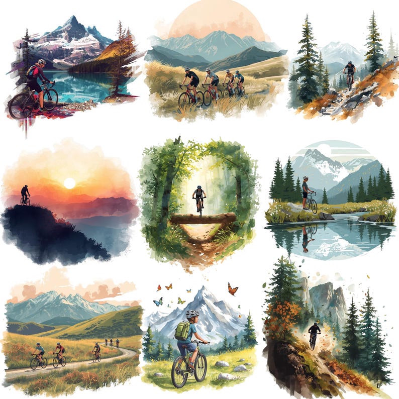 Puede incluir: Nueve ilustraciones en acuarela de escenas de ciclismo de monta&ntilde;a. Cada imagen presenta ciclistas recorriendo diversos paisajes, incluyendo monta&ntilde;as, bosques y cerca de lagos. La paleta de colores incluye azules, verdes y naranjas, con un enfoque en la aventura al aire libre.