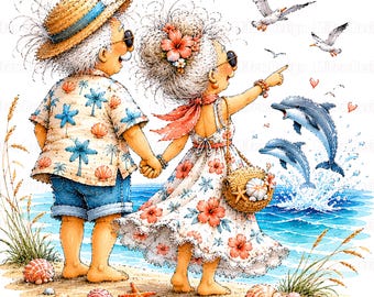 42Senior Couple PNG Whimsical Elderly Couple Beach Clipart Funny Old Couple Romantic Grandparents Summer Vacation Trip Ocean Old Friends Art