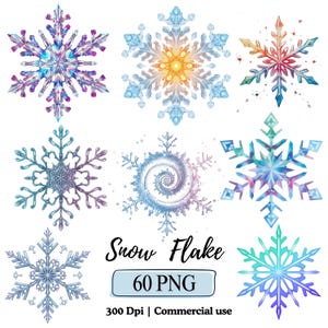 May include: A collection of nine watercolor snowflakes in various colors, including blue, purple, and orange. The snowflakes have intricate designs and are set against a white background. Text on the image reads "Snow Flake", "60 PNG", and "300 Dpi | Commercial use".