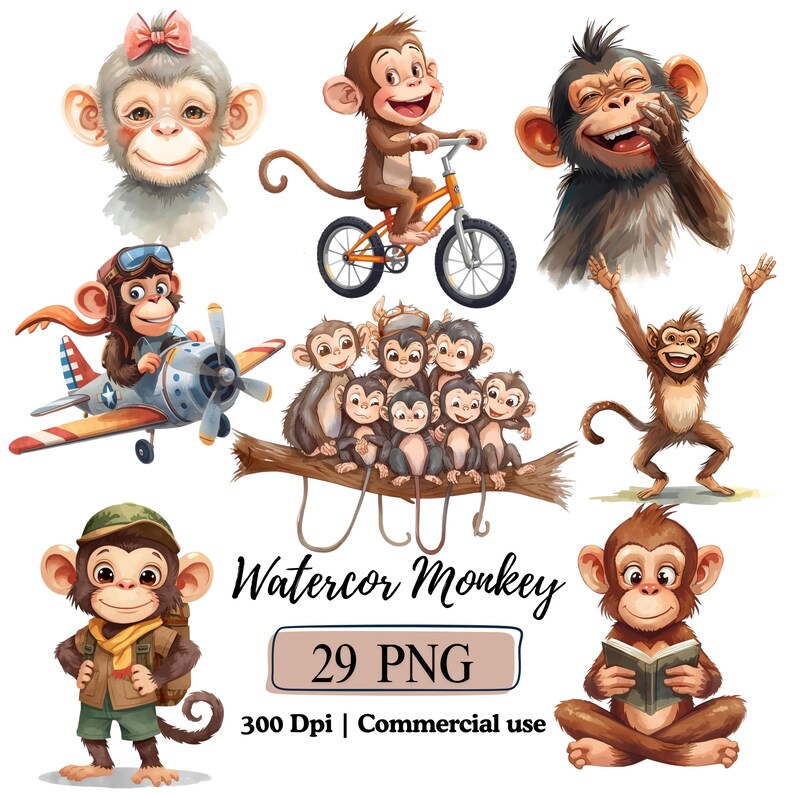 Monkey Png Watercolor Safari Animals Clipart Bundle, Cartoon Monkey ...