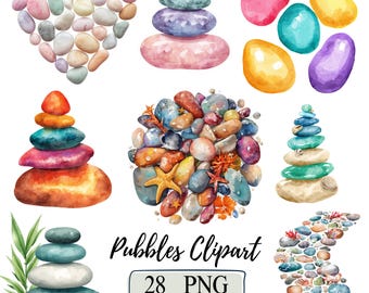 Beach Pebbles Clipart Set Watercolor Rocks Stone Png Bundle Colorful Garden Rock Stones Crystals Gemstone PNG Nautical Graphic Illustrations