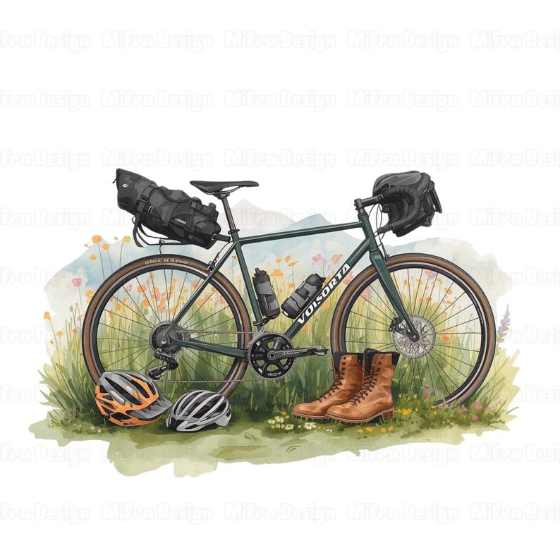 Puede incluir: Ilustraci&oacute;n en acuarela de una bicicleta verde con accesorios, que incluyen una bolsa de manillar negra, botellas de agua y cascos. Botas de cuero marr&oacute;n descansan junto a la bicicleta. La bicicleta tiene la palabra "VOISORTA" en el cuadro.