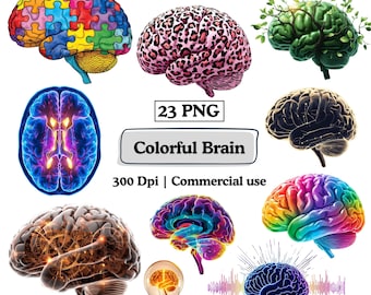 Colorful Human Brain Clipart Puzzle Piece PNG Bundle, Neuroscience Art Psychology Graphics, Mental Health Anatomy Boho Mind Nursery Kids PNG