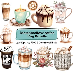 Puede incluir: Ilustraciones en acuarela de varias bebidas de café y chocolate caliente con malvaviscos. La imagen incluye tazas y vasos con diferentes diseños, algunos con goteo de chocolate. El texto de la imagen dice "Marshmallow coffee Png Bundle".