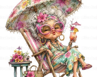 30 Funny Beach Grandma Clipart Tropical Beach Vacation Women Png Watercolor Summer Granny PNG Grandma Gift Tropical Summer Senior Lady Ocean
