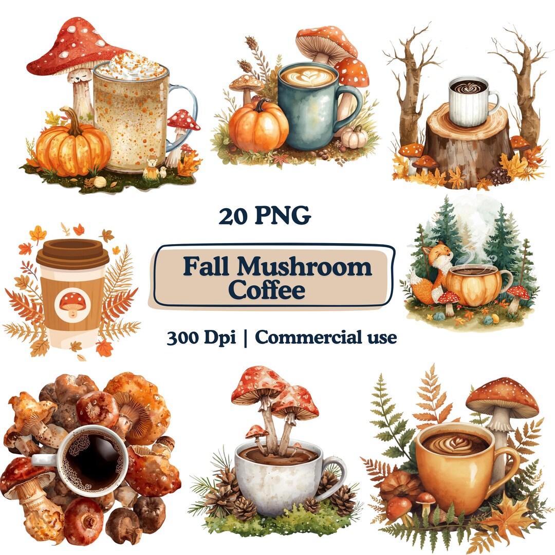 Fall Mushroom Pumpkin Spice Latte Clipart PNG Bundle, Autumn Pumpkin ...