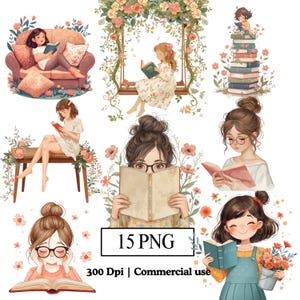 May include: A collection of watercolor illustrations featuring women reading books in various settings. The images include women on a sofa, swing, and table, surrounded by flowers. The text "15 PNG" and "300 Dpi | Commercial use" is also present.