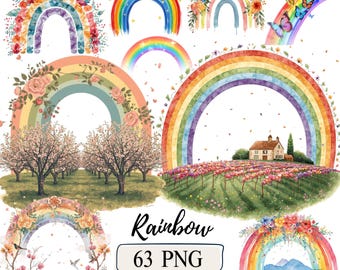 Imágenes prediseñadas de arcoíris floral Arcoíris bohemio colorido PNG Decoración de guardería en tonos pastel Baby Shower Fiesta de cumpleaños Arcoíris vibrante acuarela Arte floral de jardín