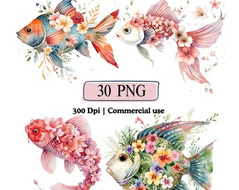 Floral Fish Aquaplants PNG Tropical Fish Clipart Set, Aquarium Bass Fish Graphics Bundle Coral Reef Fish Betta Freshwater Fish Trout Clipart