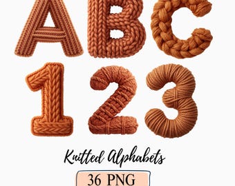 Knitted Alphabets Cozy Yarn Letters and Numbers Font Knitted Monogram Letters Boho Crochet Colorful Knitted Clipart Set Winter DIY Craft Png