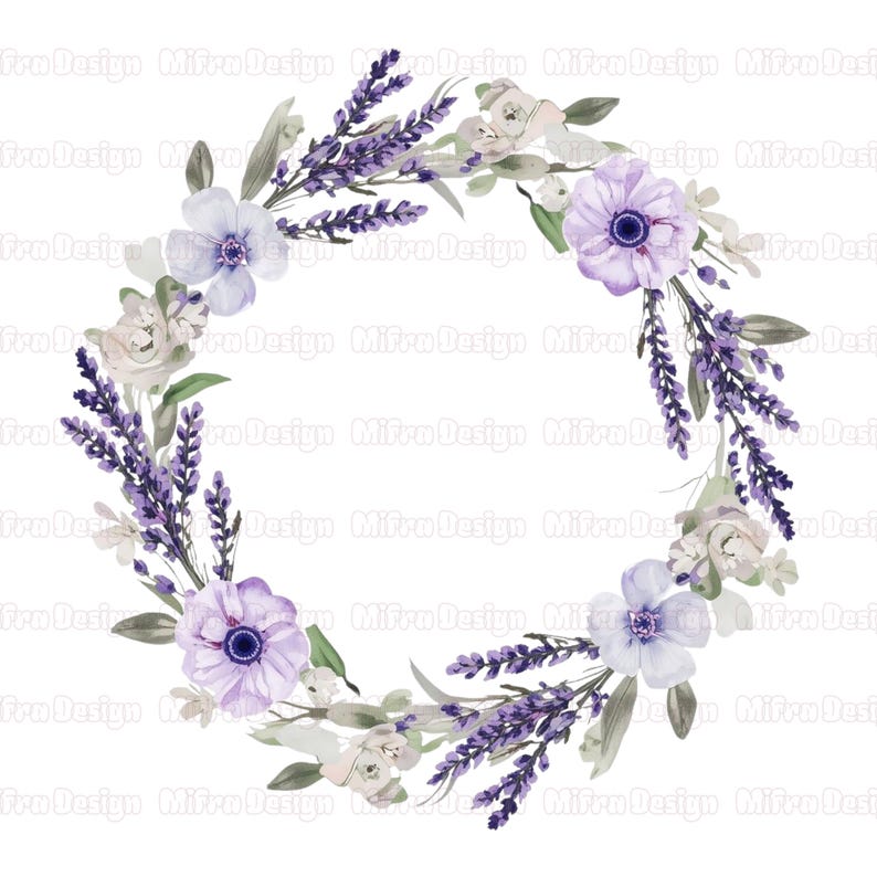 Lavender PNG Floral Wreath Clipart Bundle, Watercolor Lavender Wreath ...