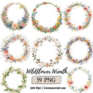 Puede incluir: Nueve diseños de coronas de flores silvestres en acuarela. Cada corona presenta una disposición circular de flores y vegetación coloridas. Las coronas incluyen una variedad de flores en tonos de rosa, amarillo, azul y blanco. El texto dice "Wildflower Wreath" y "59 PNG".