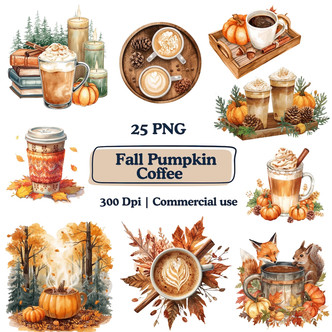 Fall Pumpkin Spice Latte Clipart PNG Bundle, Autumn Pumpkin Png Floral ...