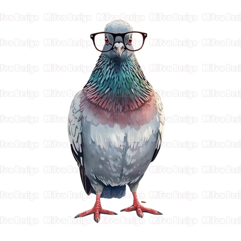 May include: Watercolor illustration of a pigeon wearing black-framed glasses. The bird has gray, teal, and pink feathers, with red feet. The background is white, and the image has the text "Mifra Design" repeated.