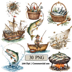 May include: Watercolor illustrations of fishing-related items. Includes a fishing boat, a ship, fish, fishing rods, a basket of fish, a fish on a hook, a fish jumping out of the water, and a grill with fish.