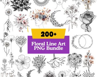 Fine Line Flower Clipart Bundle, Plant Spring Floral Illustrations, Botanical Line Art Designs Digital Download, Minimalist Bouquet SVG