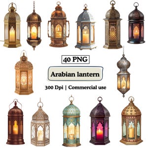 May include: A collection of ornate Arabian lanterns in various colors, including gold, bronze, teal, and purple. Each lantern features intricate designs and a warm, glowing candle inside. The image includes text that reads "40 PNG", "Arabian lantern", "300 Dpi | Commercial use".