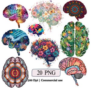 May include: A collection of nine colorful brain illustrations. Each brain is uniquely decorated with floral patterns, geometric designs, and nature scenes. The image includes the text "20 PNG" and "300 Dpi | Commercial use".