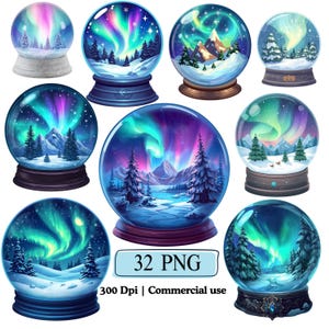 Puede incluir: Una colección de nueve bolas de nieve, cada una con un paisaje invernal y la Aurora Boreal. Los globos presentan varios diseños de base y muestran colores vibrantes de púrpura, verde y azul. La imagen incluye el texto "32 PNG" y "300 Dpi | Commercial use".