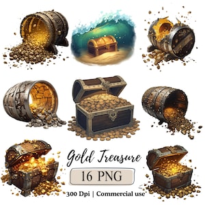 May include: Digital illustrations of gold treasure, including open treasure chests and barrels overflowing with gold coins and nuggets. One image shows a treasure chest on a sandy beach with a wave in the background. The text "Gold Treasure" and "16 PNG" are also included.