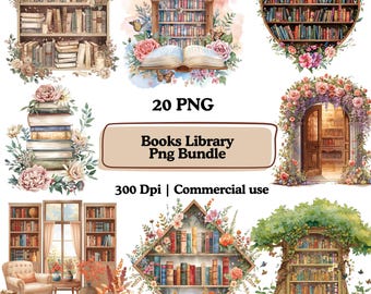 May include: A digital art bundle featuring watercolor illustrations of bookshelves, books, and floral arrangements. The text reads "20 PNG", "Books Library Png Bundle", "300 Dpi | Commercial use". The images are in a variety of shapes, including a heart and a diamond.