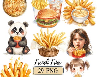 French Fries Clipart Set, Fast Food PNG Bundle, Deep Fried Food Illustrations Junk Food Graphics Art, Watercolor Kawaii Snack Cheese ClipArt