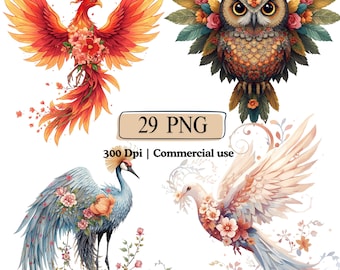 Floral Birds Art Clipart Whimsical PNG Bundle, Fantasy Bird Nursery Decor Enchanted Illustrations, Watercolor Spring Birds Colorful Animals