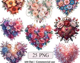 Paquete de imágenes prediseñadas de corazones florales PNG de San Valentín, corazón caprichoso, flores, encantador, botánico, romántico, ilustración de amor, flores silvestres PNG