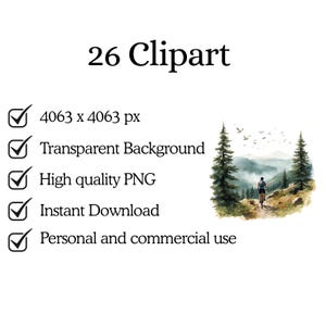 Puede incluir: Imagen de clipart de acuarela con el texto "26 Clipart". La imagen incluye una escena de ciclismo de monta&ntilde;a con un ciclista en un sendero, dos pinos y una cordillera en el fondo. La imagen tambi&eacute;n incluye texto sobre las caracter&iacute;sticas de la imagen.