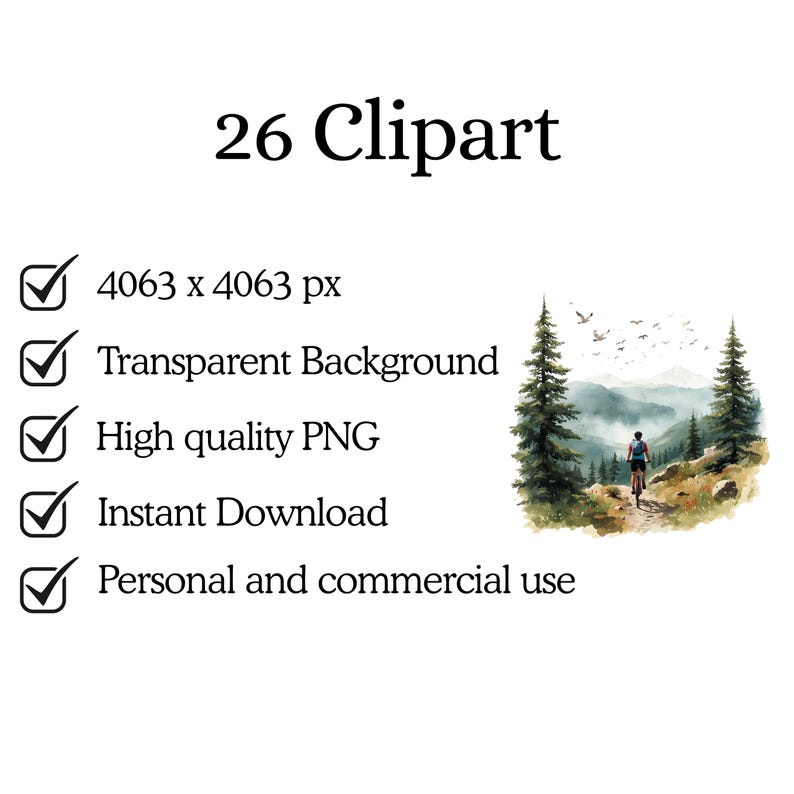 Puede incluir: Imagen de clipart de acuarela con el texto "26 Clipart". La imagen incluye una escena de ciclismo de monta&ntilde;a con un ciclista en un sendero, dos pinos y una cordillera en el fondo. La imagen tambi&eacute;n incluye texto sobre las caracter&iacute;sticas de la imagen.