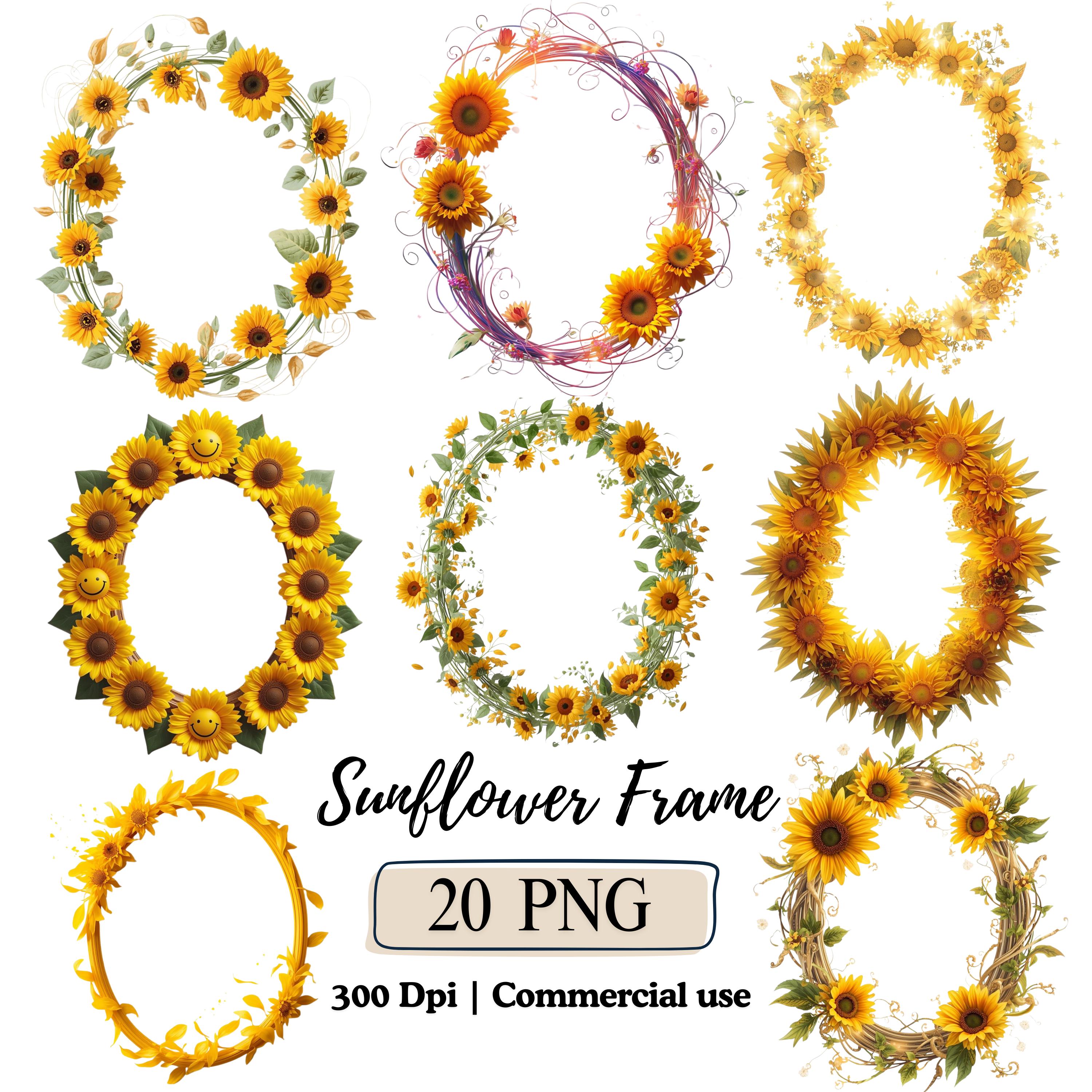 20 Sunflower Frame PNG Floral Frames Clipart Bundle Watercolor ...