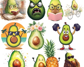 25 kawaii avocado-clipart grappige avocado-personages png-bundel kwekerij decor cartoon graphics avocado gezichten exotisch eten sticker fruit clipart