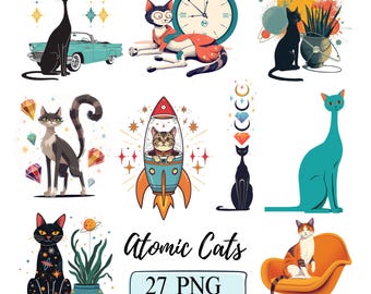 Atomic Cats Clipart Set Black Atomic Kitty Illustration Mid-Century Modern 1950 Retro Kitten Art Colorful Cat Vintage Style Decor Cat Lover