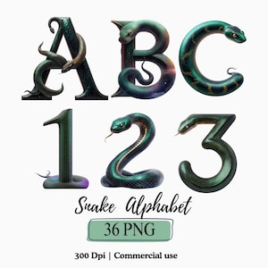 May include: An alphabet and numbers set, creatively designed with a snake theme. The letters A, B, and C, along with the numbers 1, 2, and 3, are each formed by a snake's body. The image includes the text "Snake Alphabet" and "36 PNG".