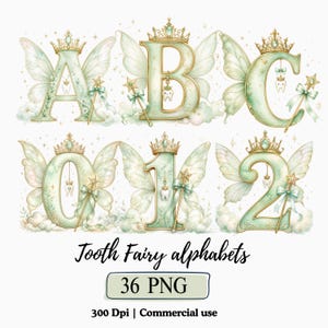 Peut inclure: Illustrations à l'aquarelle des lettres A, B et C, et des chiffres 0, 1 et 2, chacune avec des ailes de fée, des couronnes et des baguettes magiques. Le texte "Tooth Fairy alphabets" et "36 PNG" sont également inclus.