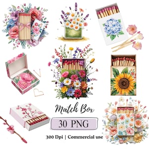 May include: Watercolor illustrations of decorative matchboxes with floral designs. The matchboxes feature various flowers, including roses, hydrangeas, sunflowers, and daisies. The image also includes the text "Match Box" and "30 PNG".