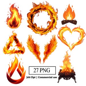 Puede incluir: Una colección de nueve ilustraciones de fuego en tonos naranja y rojo. Los diseños incluyen llamas, un anillo de fuego, una fogata, una llama en forma de corazón, alas, un triángulo de fuego y una chimenea decorativa. El texto "27 PNG" y "300 Dpi | Commercial use" está incluido.