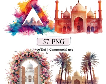 イスラム教のモスク PNG 花柄ラマダンクリップアート イードバンドル 水彩画のモスクランタン PNG イスラム教徒のイラスト 宗教アート 三日月装飾セット