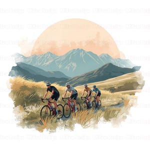 Puede incluir: Ilustraci&oacute;n en acuarela de cuatro ciclistas en bicicletas rojas en un camino de monta&ntilde;a. El fondo presenta monta&ntilde;as, un sol poniente y hierba alta. Los ciclistas llevan cascos y equipamiento ciclista.