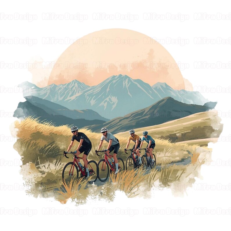 Puede incluir: Ilustraci&oacute;n en acuarela de cuatro ciclistas en bicicletas rojas en un camino de monta&ntilde;a. El fondo presenta monta&ntilde;as, un sol poniente y hierba alta. Los ciclistas llevan cascos y equipamiento ciclista.